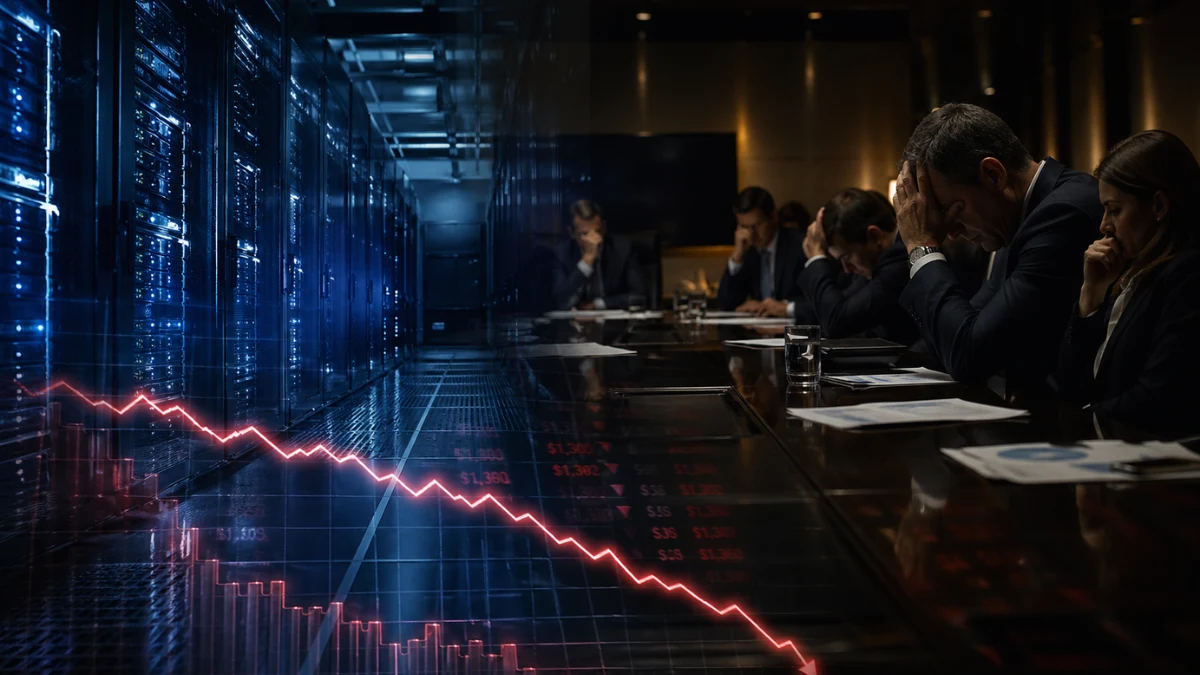 A glowing data center seamlessly transitions into a tense corporate boardroom with a downward-trending financial chart in the foreground.