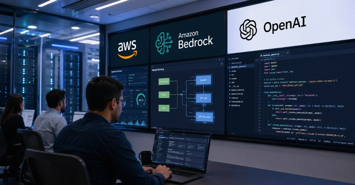Hyper-realistic news-style image of a modern cloud operations room with Amazon Bedrock and OpenAI-themed screens and a coding dashboard in view.