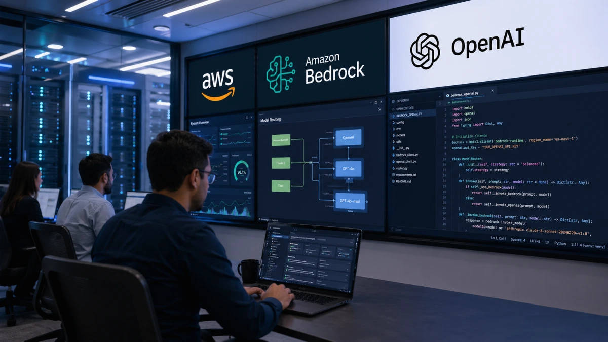 Hyper-realistic news-style image of a modern cloud operations room with Amazon Bedrock and OpenAI-themed screens and a coding dashboard in view.