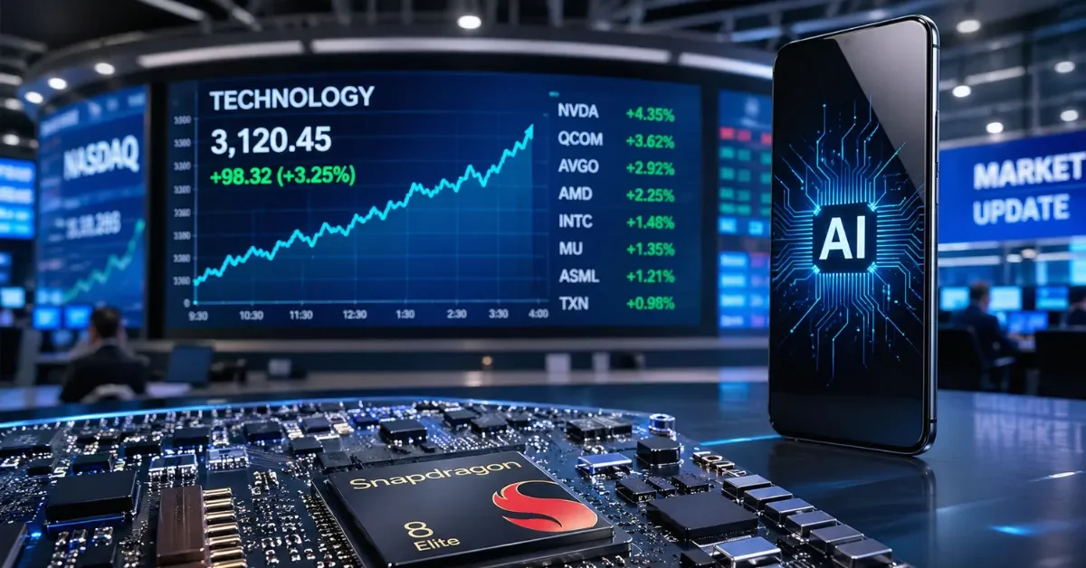 A smartphone processor on a circuit board with a rising stock market display in the background in a modern high-tech setting.