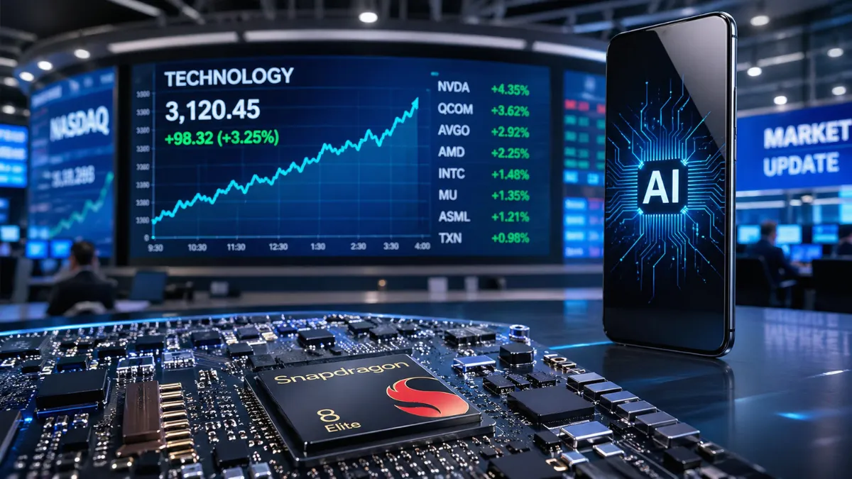 A smartphone processor on a circuit board with a rising stock market display in the background in a modern high-tech setting.