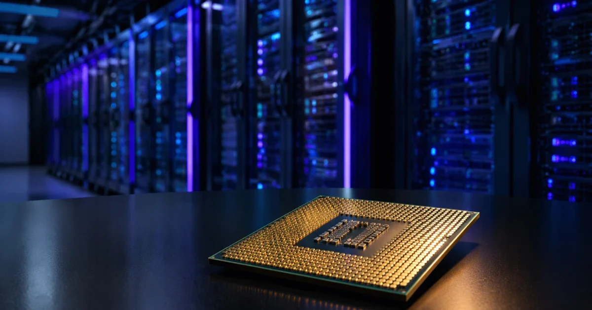 A large Cerebras artificial intelligence processor resting in front of illuminated server racks in a modern data center.