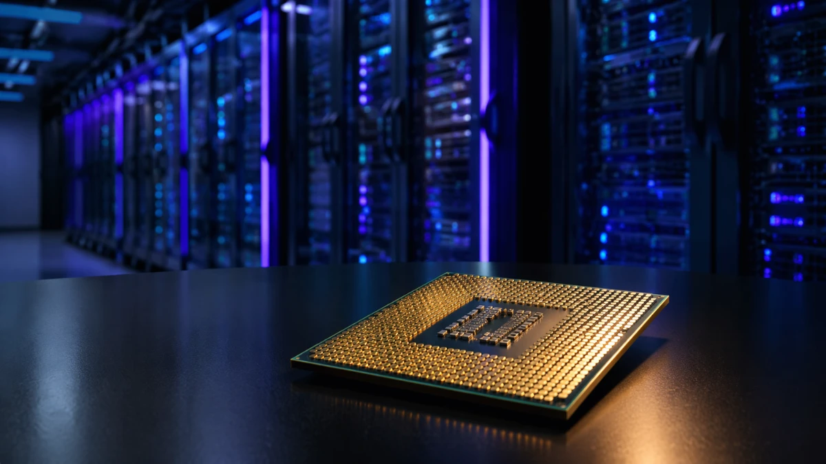 A large Cerebras artificial intelligence processor resting in front of illuminated server racks in a modern data center.