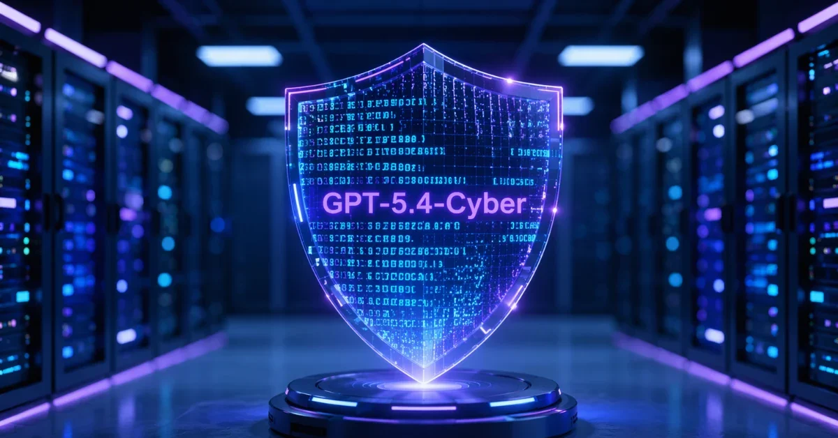 A glowing holographic shield with digital code and the text GPT-5.4-Cyber floating in a modern, neon-lit server room.