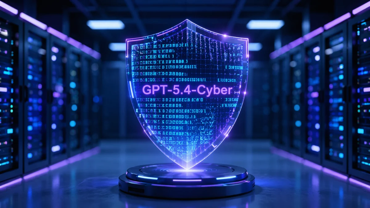 A glowing holographic shield with digital code and the text GPT-5.4-Cyber floating in a modern, neon-lit server room.