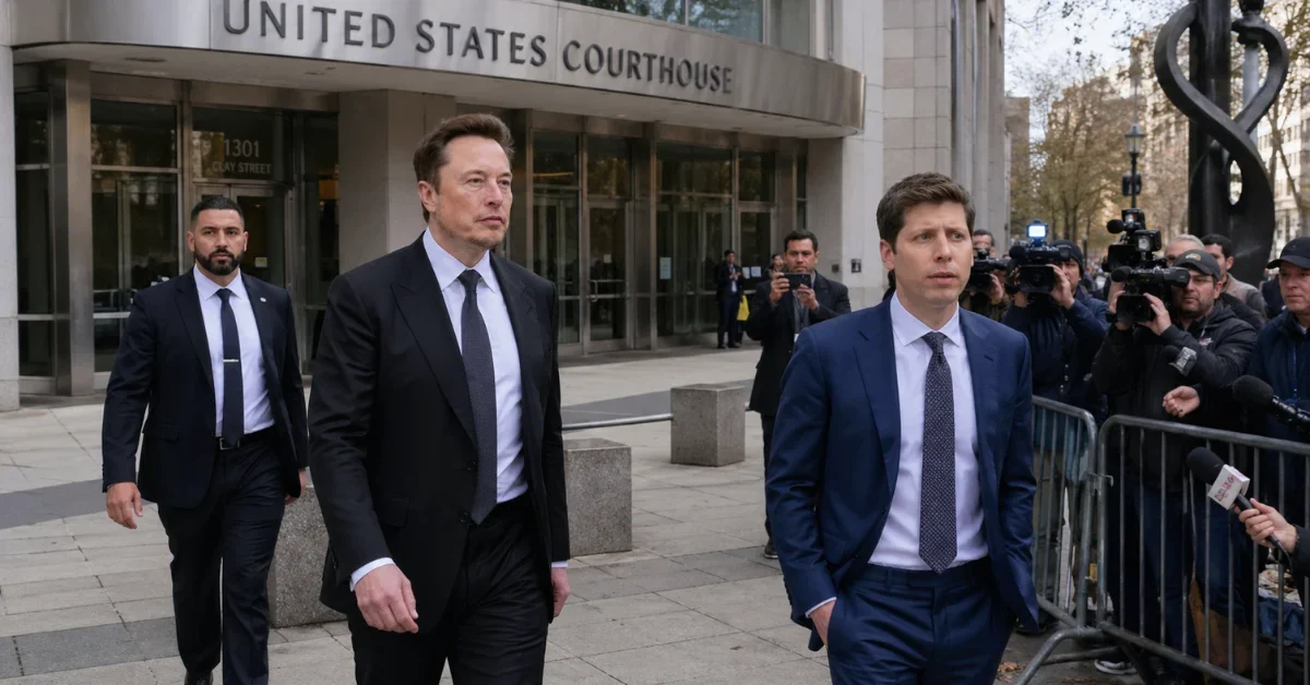 Wide news-style image of Elon Musk and Sam Altman arriving outside a federal courthouse with reporters gathered nearby.