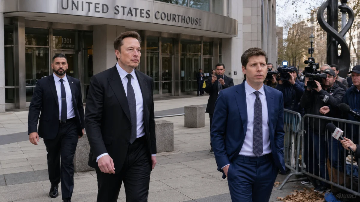 Wide news-style image of Elon Musk and Sam Altman arriving outside a federal courthouse with reporters gathered nearby.