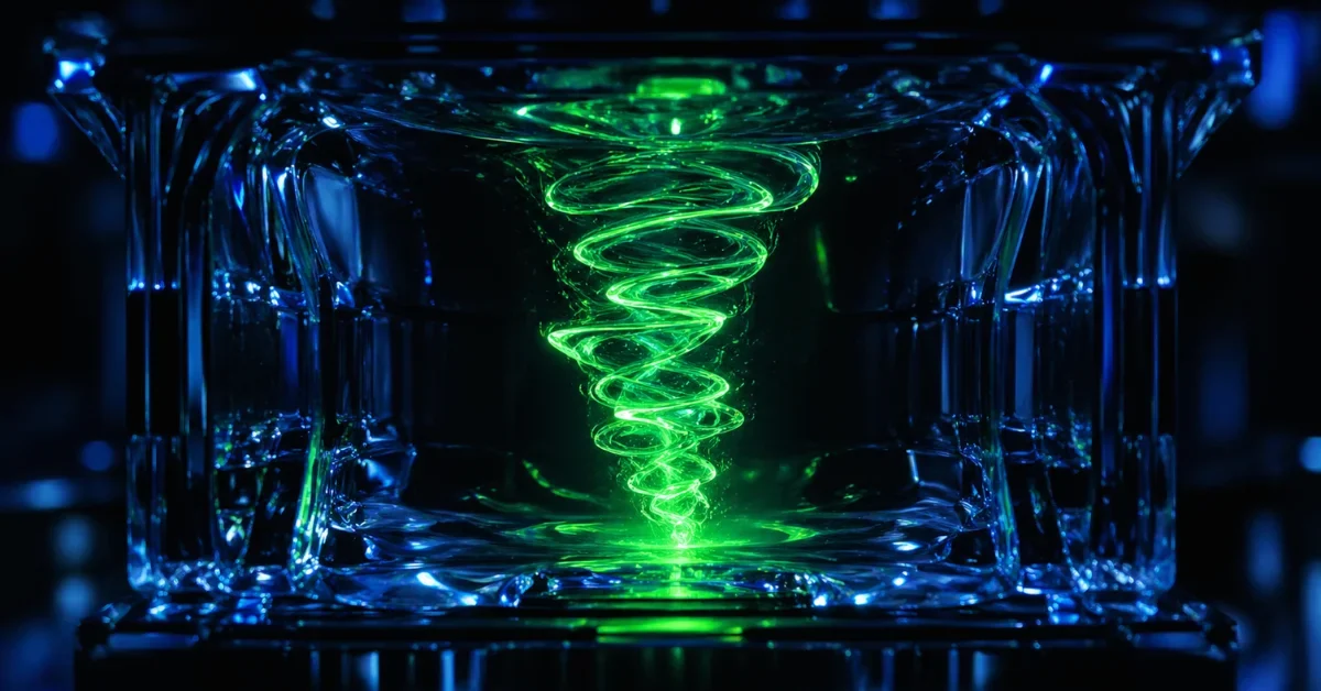 A glowing, swirling vortex of light representing an optical tornado confined inside a microscopic liquid crystal structure.