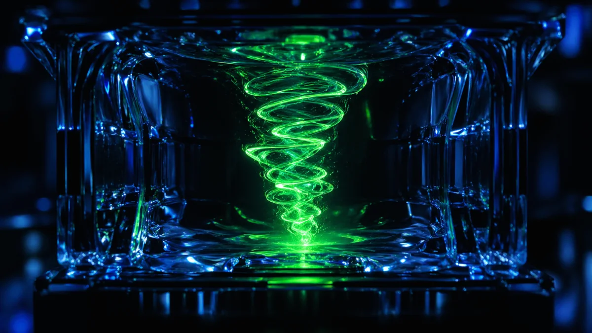 A glowing, swirling vortex of light representing an optical tornado confined inside a microscopic liquid crystal structure.