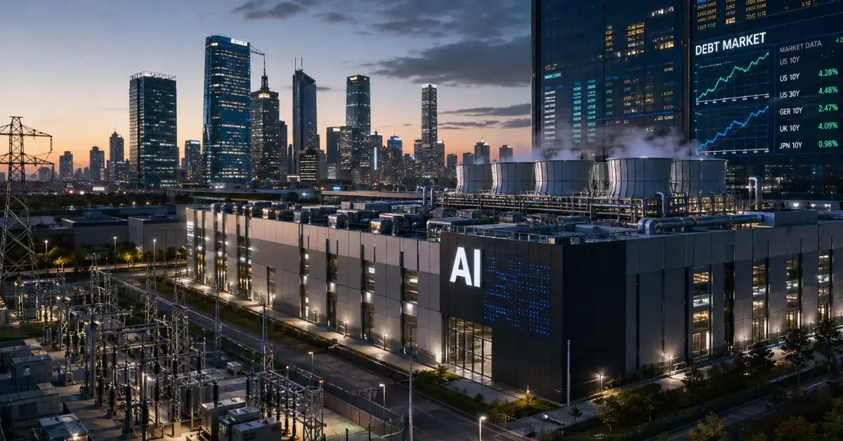 Wide view of a modern AI data center campus with power infrastructure and a financial district backdrop in a business news-style scene.