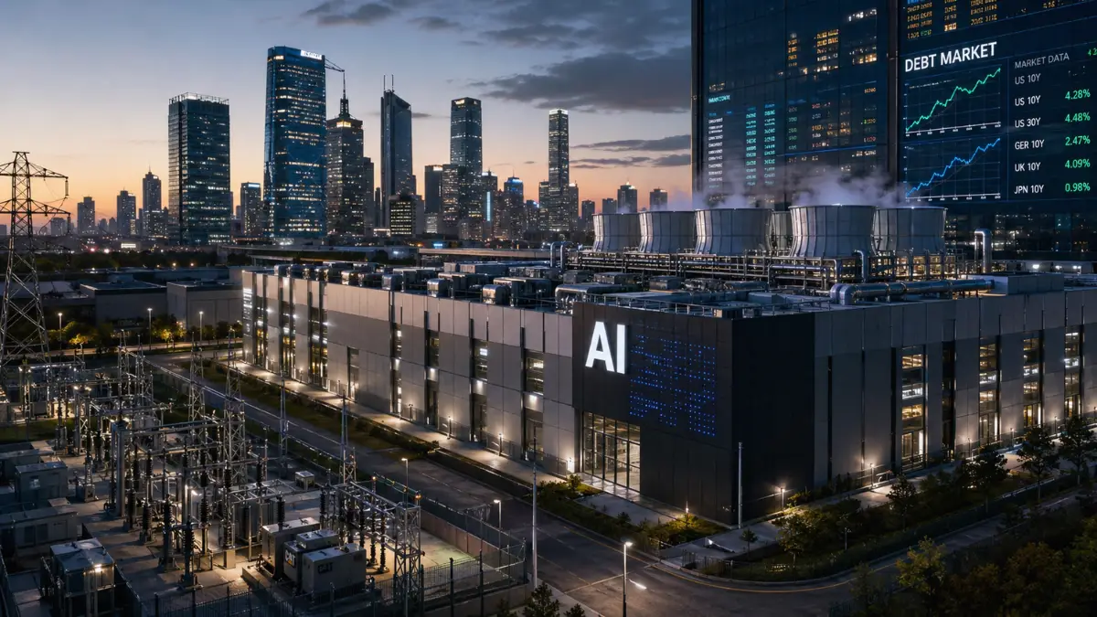 Wide view of a modern AI data center campus with power infrastructure and a financial district backdrop in a business news-style scene.