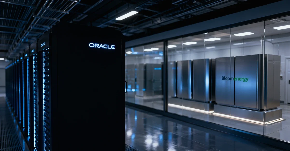 Rows of illuminated Oracle data servers inside a modern data center, connected to modular Bloom Energy fuel cell systems visible through a glass wall.