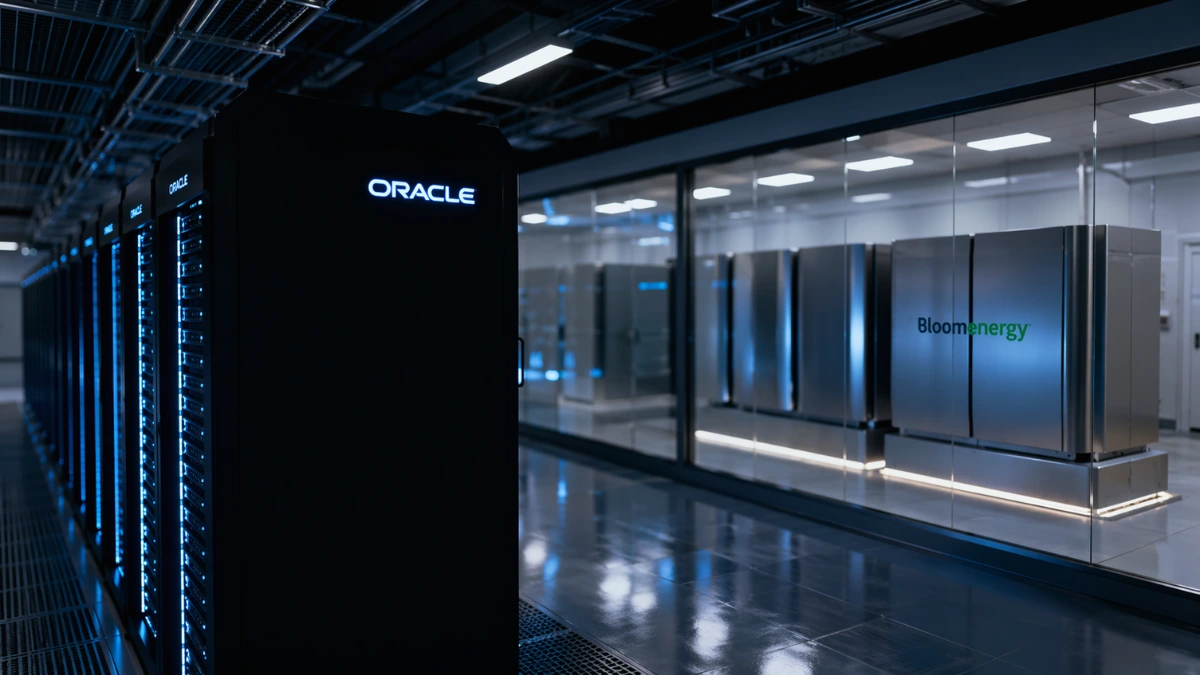 Rows of illuminated Oracle data servers inside a modern data center, connected to modular Bloom Energy fuel cell systems visible through a glass wall.