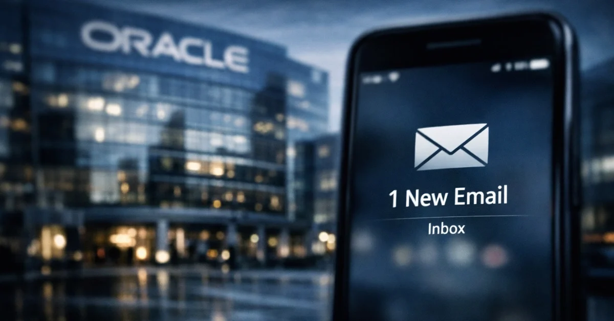 A dramatic view of an office building with a smartphone in the foreground displaying a corporate email notification, representing the recent Oracle workforce reductions.