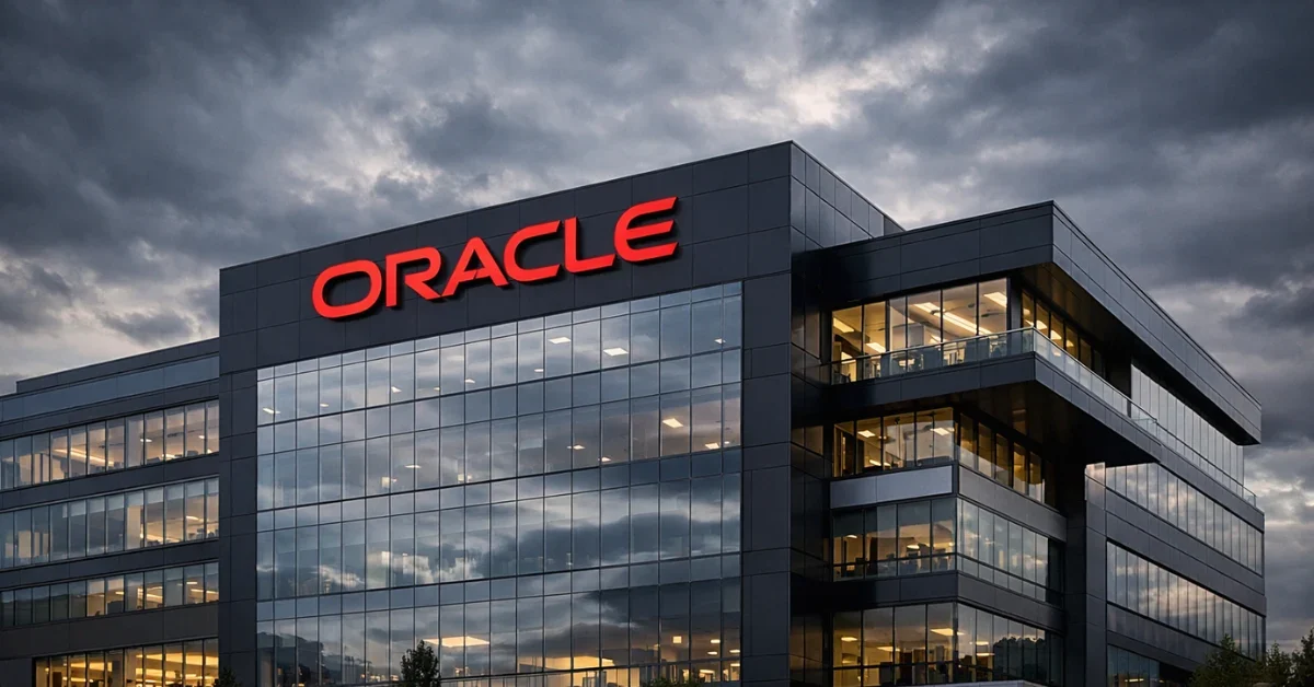Exterior view of a modern Oracle corporate office building under a serious, overcast sky.