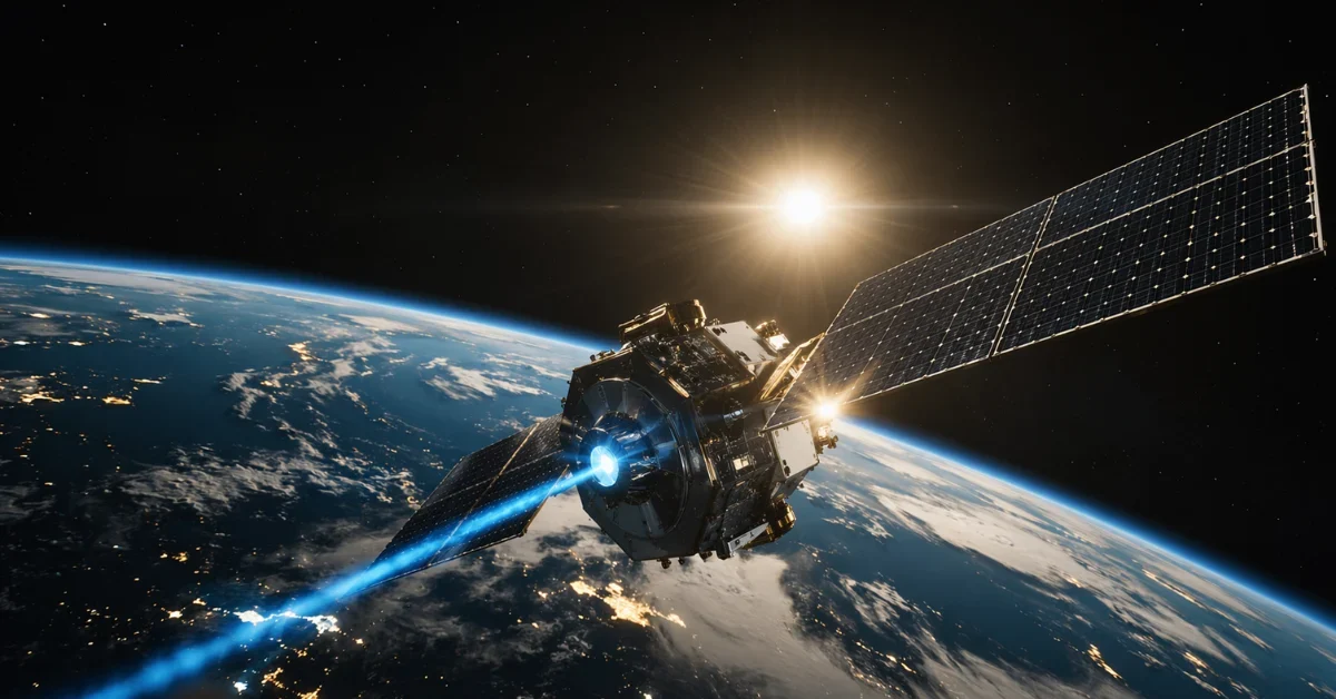 A high-tech orbital computing satellite with glowing laser links orbiting above the Earth.