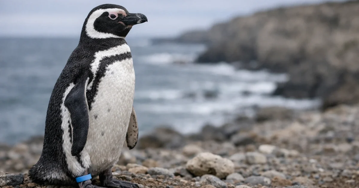 A Magellanic penguin standing on a rocky Patagonian shoreline with a silicone sampling band on its leg, representing a scientific study on PFAS, or forever chemicals, found in remote ocean wildlife.