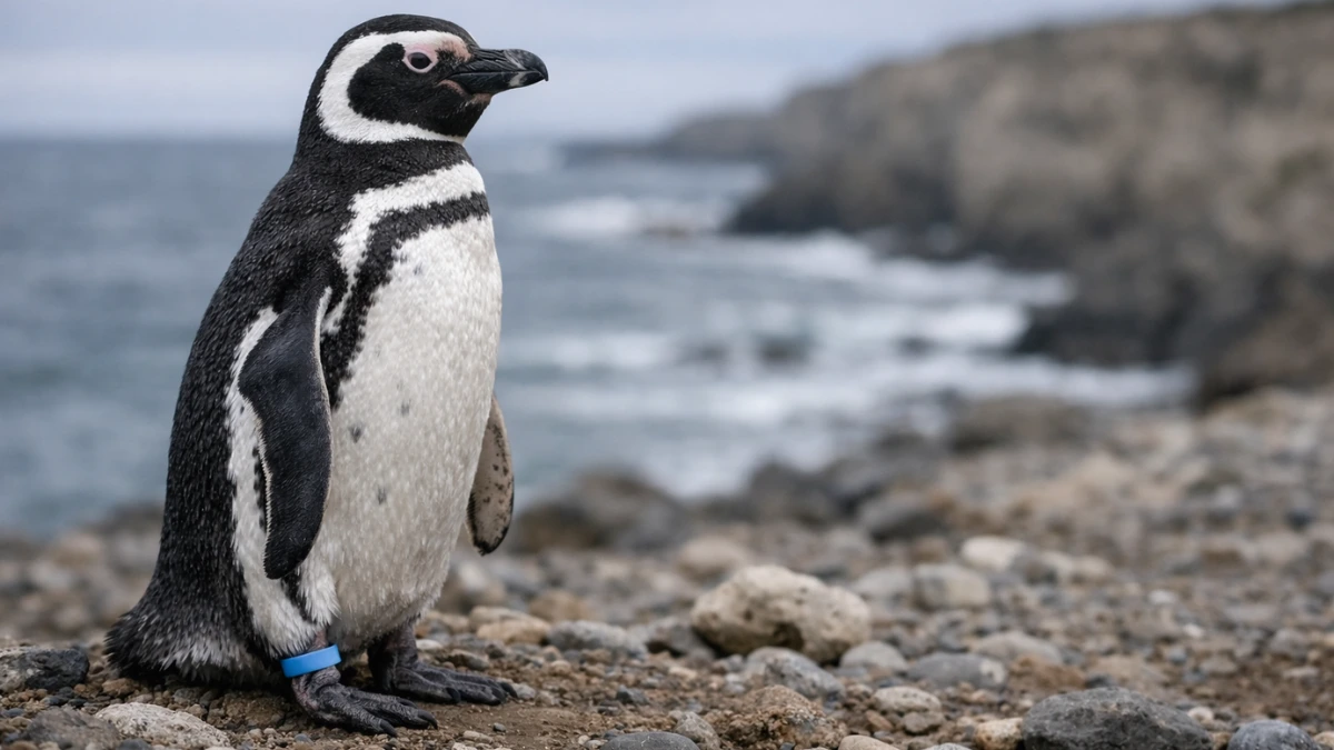 A Magellanic penguin standing on a rocky Patagonian shoreline with a silicone sampling band on its leg, representing a scientific study on PFAS, or forever chemicals, found in remote ocean wildlife.