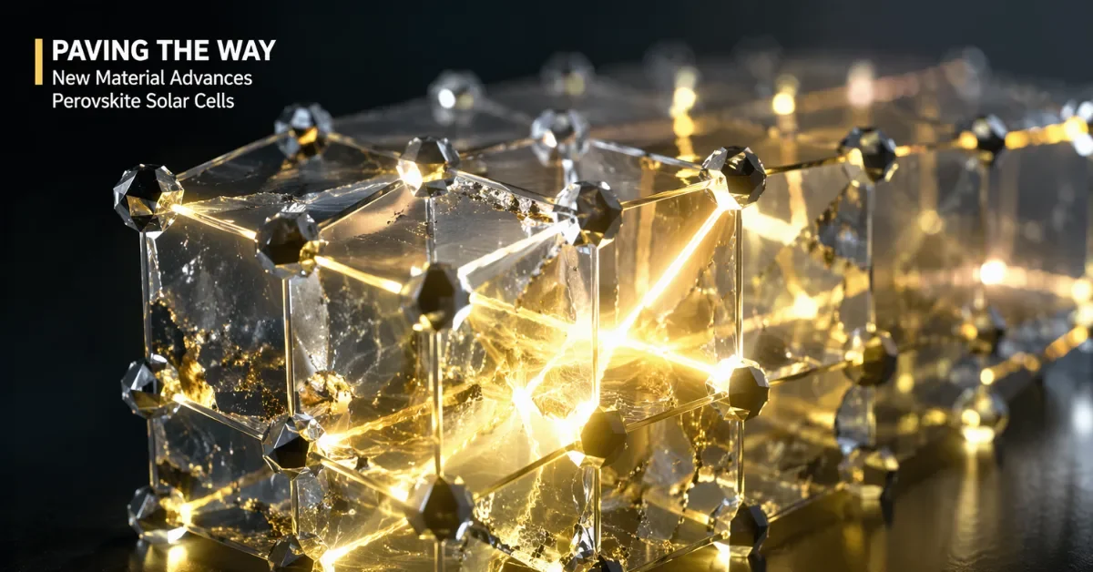 A microscopic view of a glowing perovskite crystal structure with bright streaks of light traveling along internal pathways.