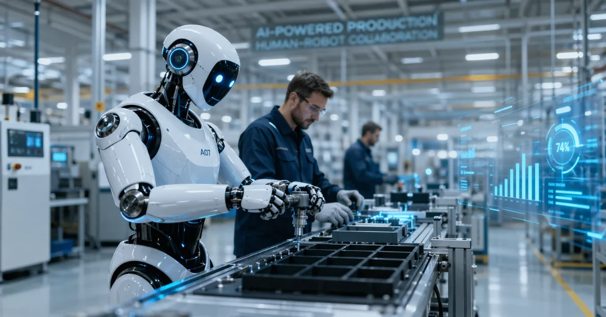 A sleek humanoid robot working alongside a human professional in a modern, brightly lit manufacturing facility.