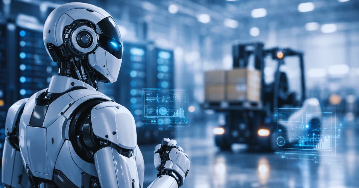 A modern autonomous robot operating in a highly advanced industrial warehouse with holographic data overlays.