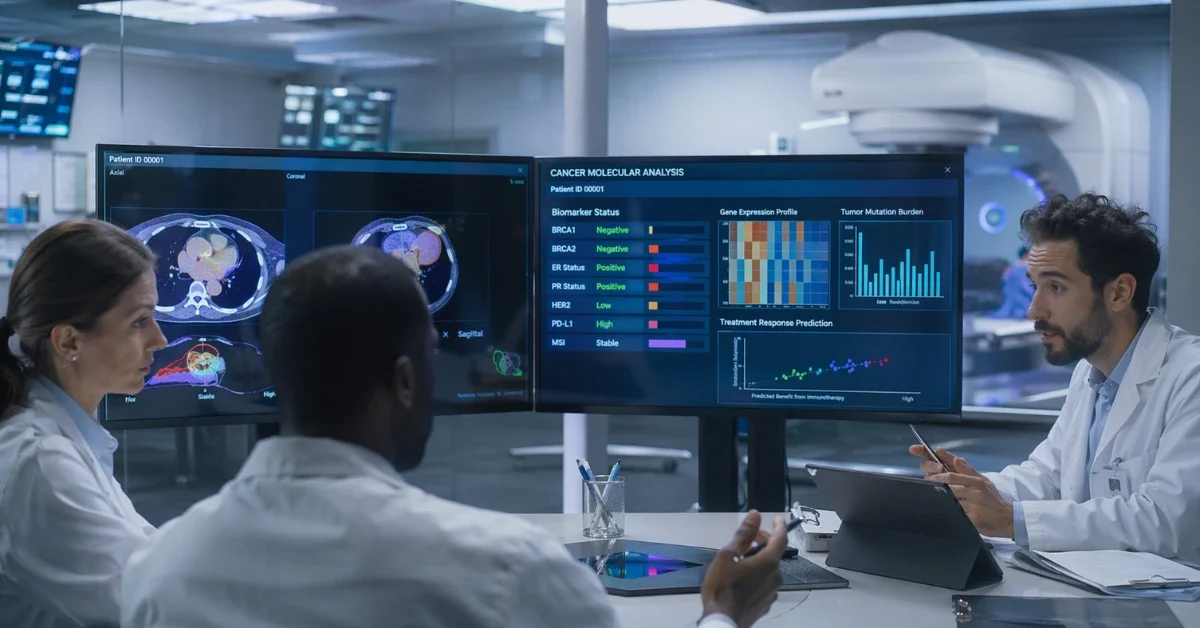 Oncology specialists review digital cancer scans and biomarker data on large screens in a modern hospital setting.