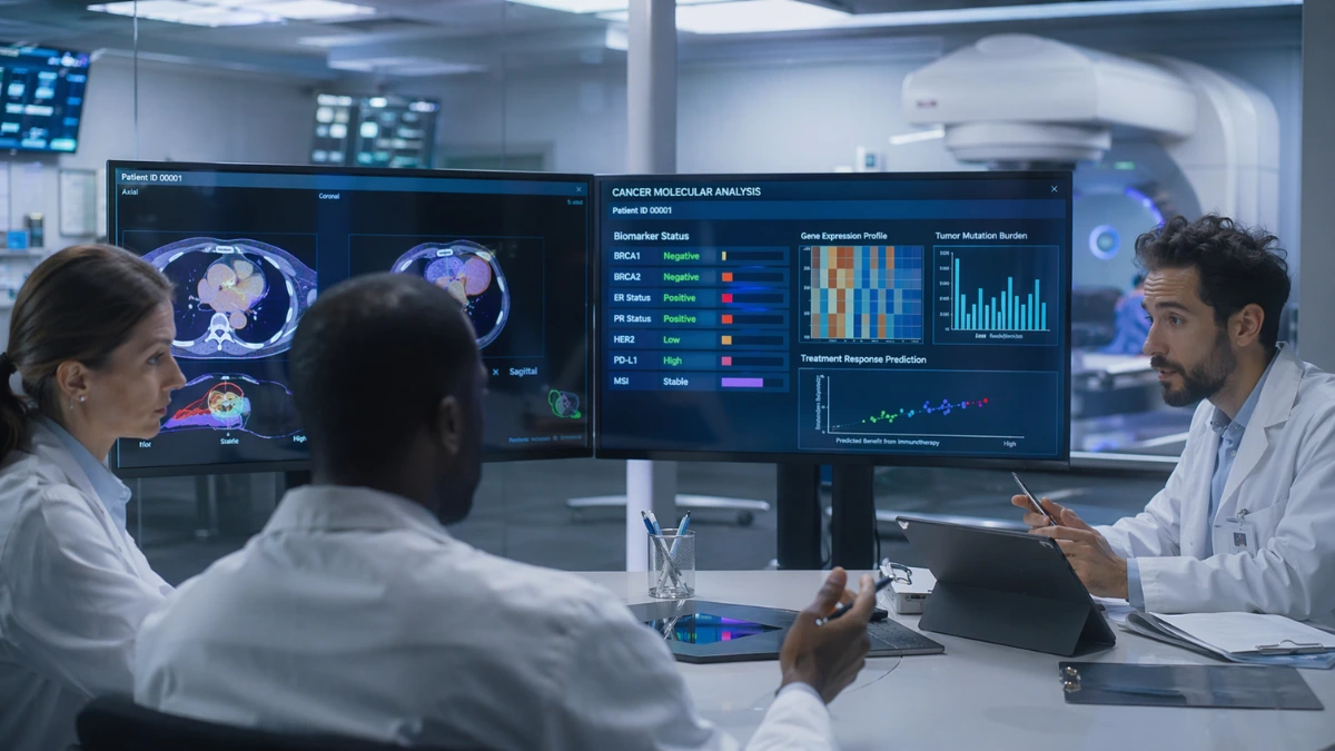 Oncology specialists review digital cancer scans and biomarker data on large screens in a modern hospital setting.