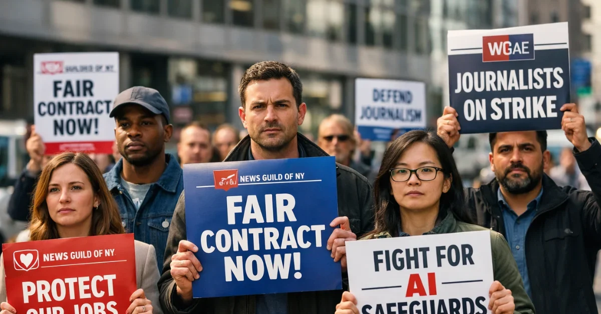 A group of journalists protesting outside a city office building holding signs demanding fair contracts and AI protections.