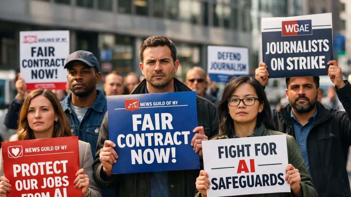 A group of journalists protesting outside a city office building holding signs demanding fair contracts and AI protections.