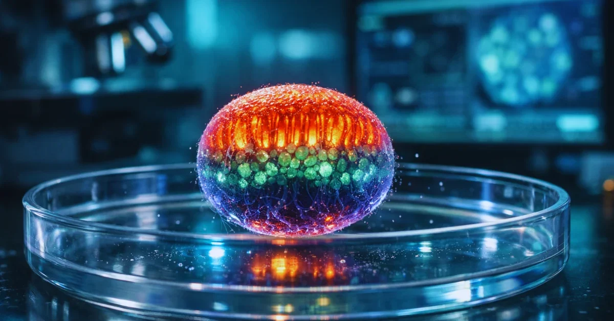 A glowing microscopic 3D human retinal organoid suspended in a lab dish under blue and green fluorescent lights.