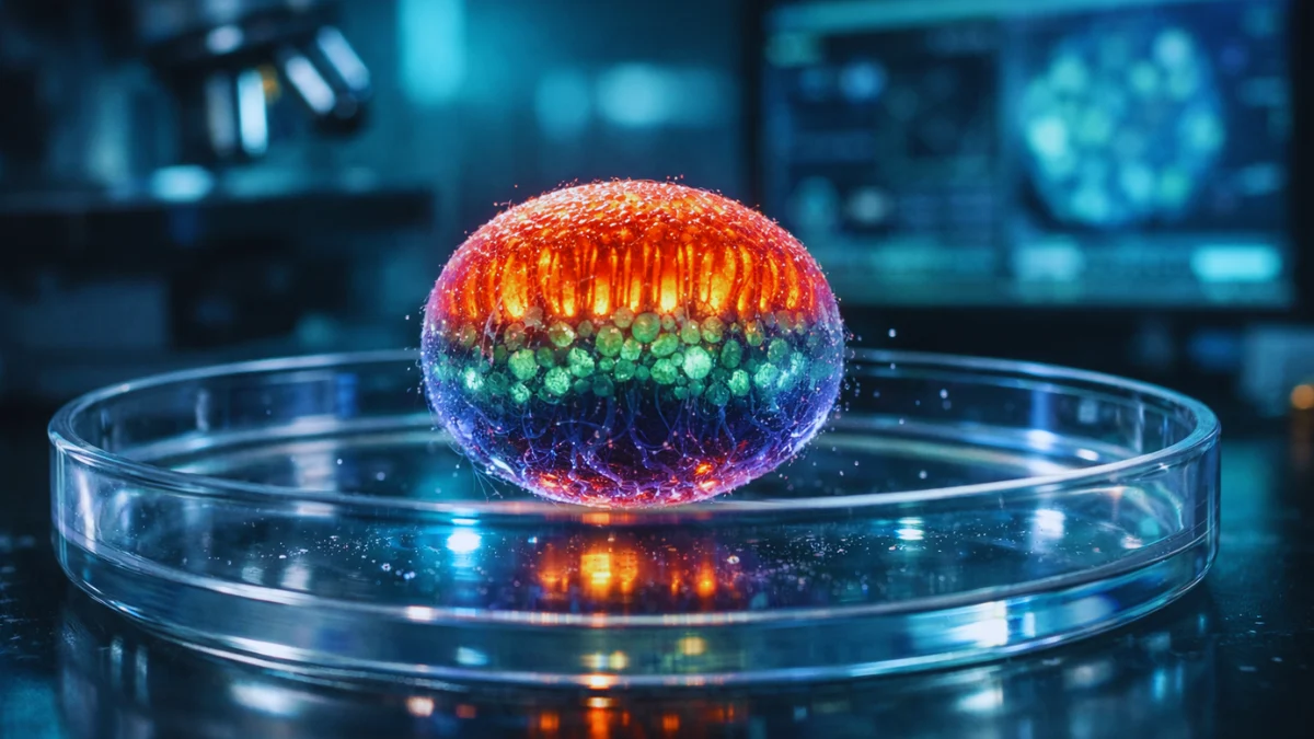 A glowing microscopic 3D human retinal organoid suspended in a lab dish under blue and green fluorescent lights.