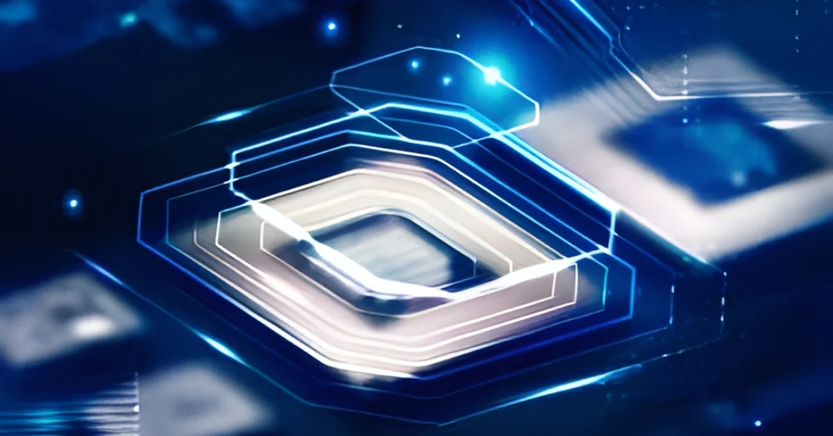 Futuristic glowing quantum processor chip with a stylized ‘Q’ shape, surrounded by blue digital circuitry and light trails on a dark technological background.