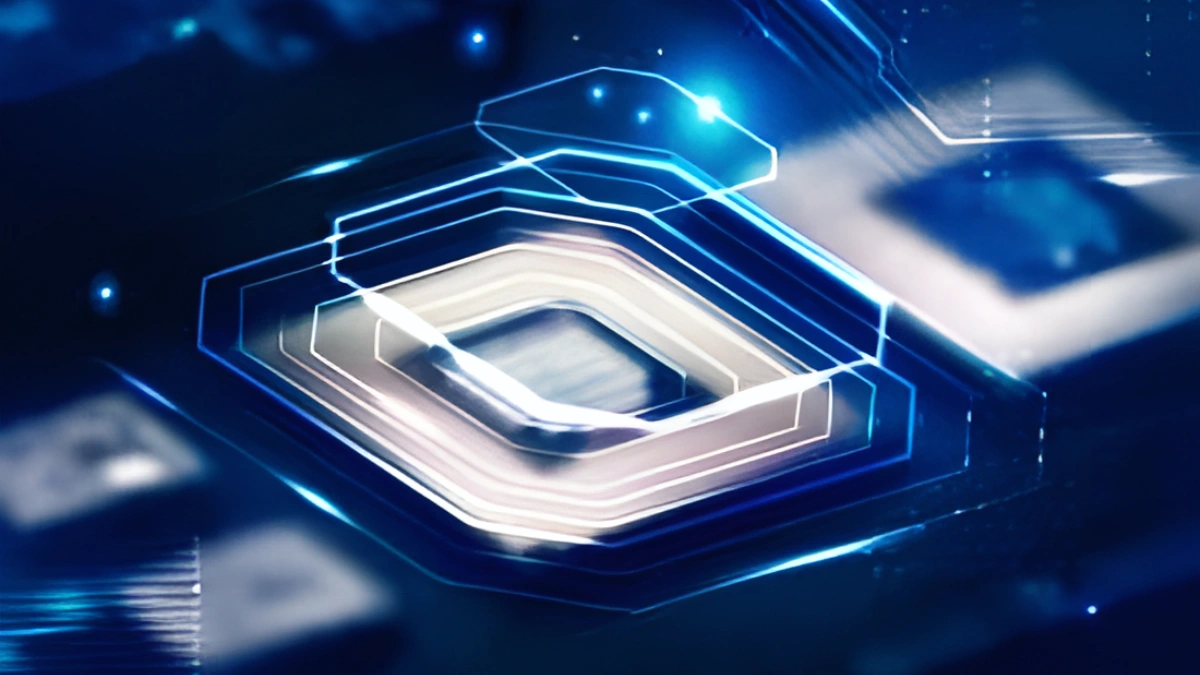 Futuristic glowing quantum processor chip with a stylized ‘Q’ shape, surrounded by blue digital circuitry and light trails on a dark technological background.