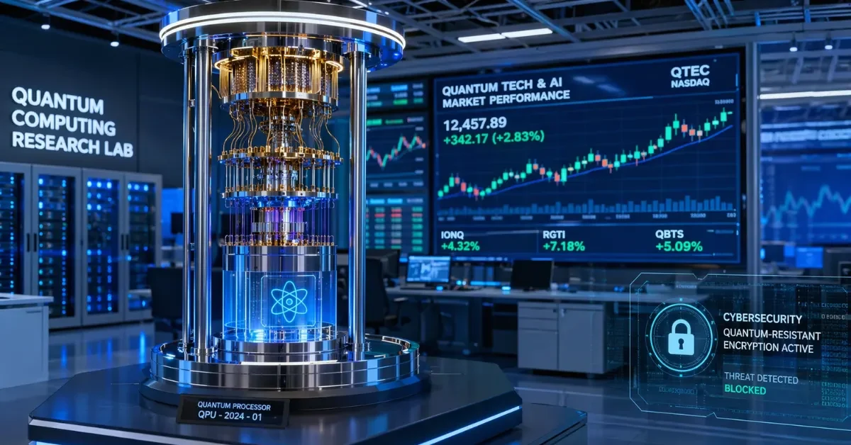 A futuristic quantum computing lab with advanced hardware, rising stock market displays, and a cybersecurity-themed digital interface.