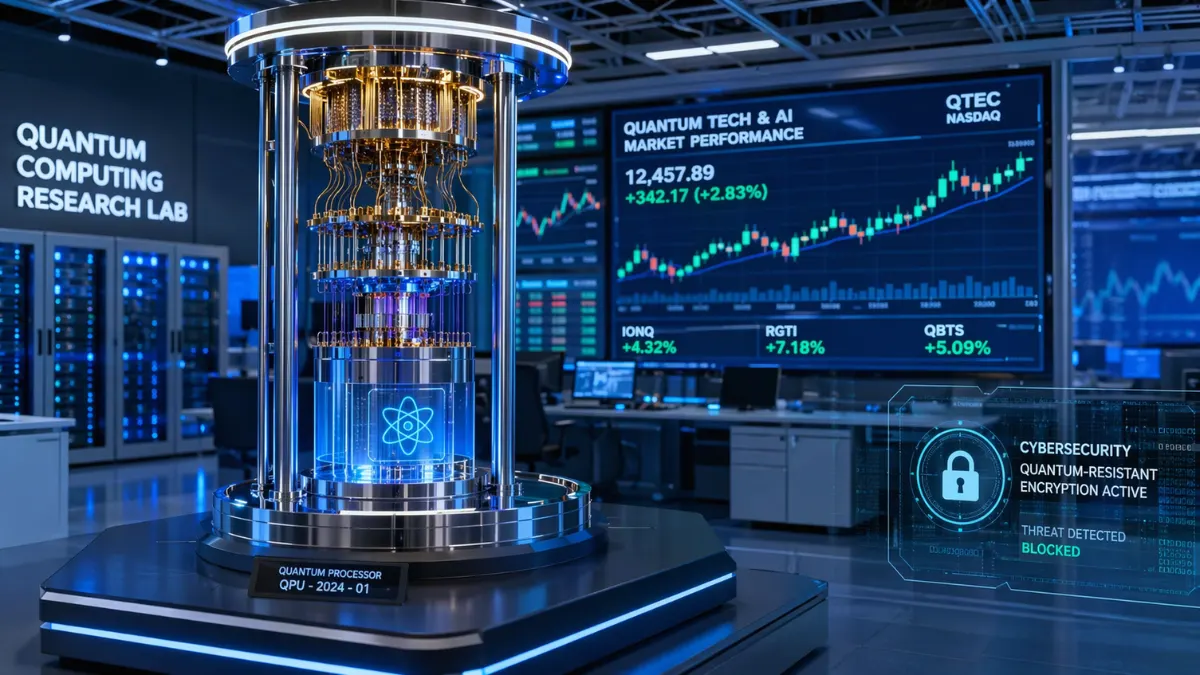 A futuristic quantum computing lab with advanced hardware, rising stock market displays, and a cybersecurity-themed digital interface.