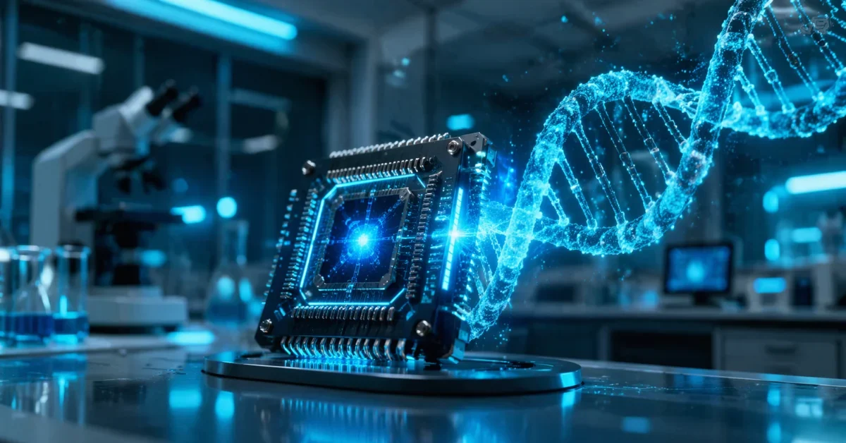 A futuristic quantum computer processor merging with a glowing DNA helix in a modern medical laboratory, representing advanced healthcare technology.