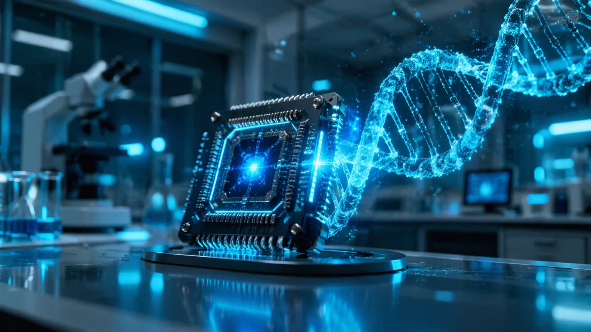 A futuristic quantum computer processor merging with a glowing DNA helix in a modern medical laboratory, representing advanced healthcare technology.