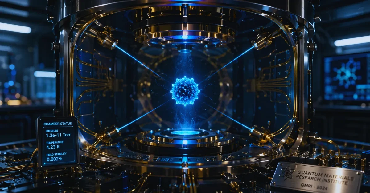 A glowing levitating nanoparticle suspended in a high-tech vacuum chamber illuminated by precise laser beams and surrounded by intricate quantum computing hardware.