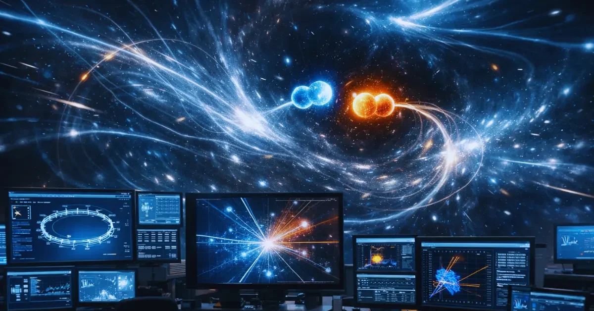 News-style illustration of a particle physics setting with glowing particle tracks emerging from a dark quantum vacuum concept scene.