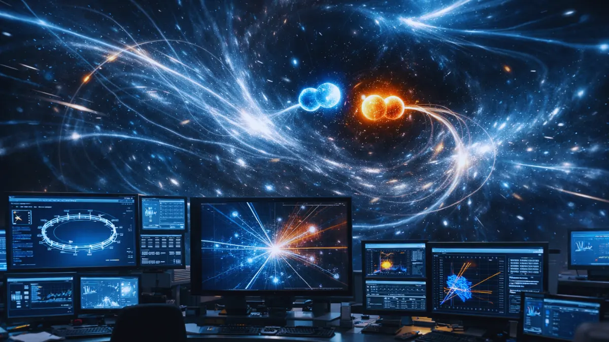 News-style illustration of a particle physics setting with glowing particle tracks emerging from a dark quantum vacuum concept scene.