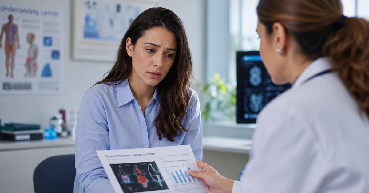 A young adult female patient and a doctor are looking at medical charts in a modern clinical office setting.