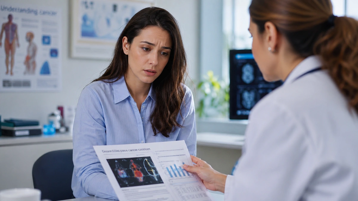 A young adult female patient and a doctor are looking at medical charts in a modern clinical office setting.