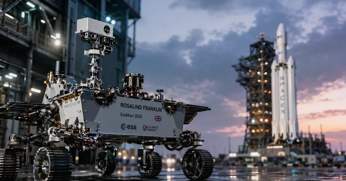 Hyper-realistic news-style image of the Rosalind Franklin Mars rover in a spacecraft preparation setting with a Falcon Heavy rocket in the background.