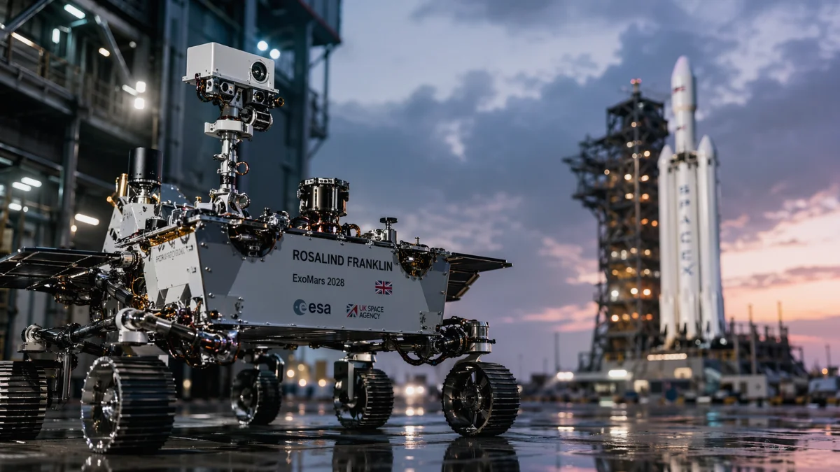 Hyper-realistic news-style image of the Rosalind Franklin Mars rover in a spacecraft preparation setting with a Falcon Heavy rocket in the background.