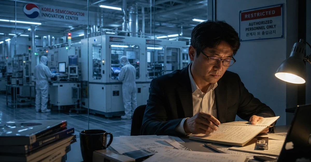 A former Samsung researcher reviewing handwritten semiconductor process notes inside a South Korean chip research facility, representing the Samsung DRAM technology leak case involving CXMT.