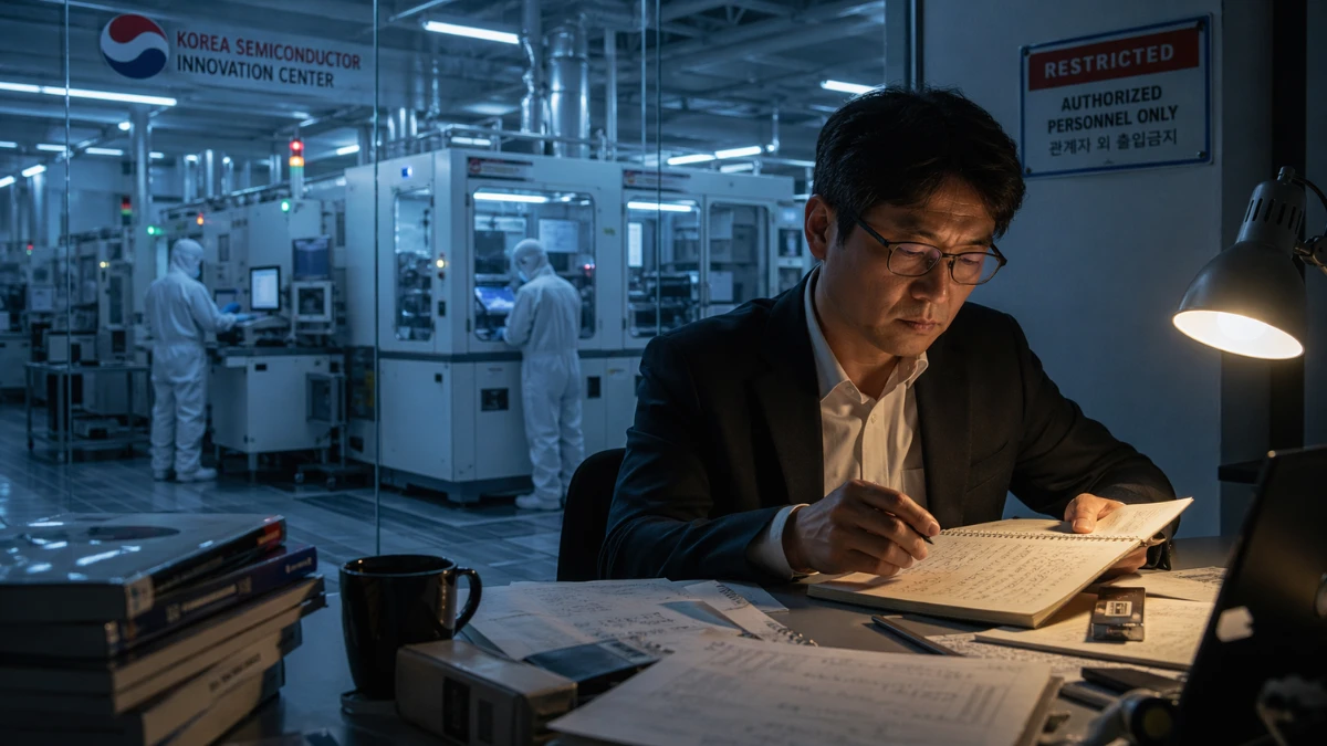 A former Samsung researcher reviewing handwritten semiconductor process notes inside a South Korean chip research facility, representing the Samsung DRAM technology leak case involving CXMT.