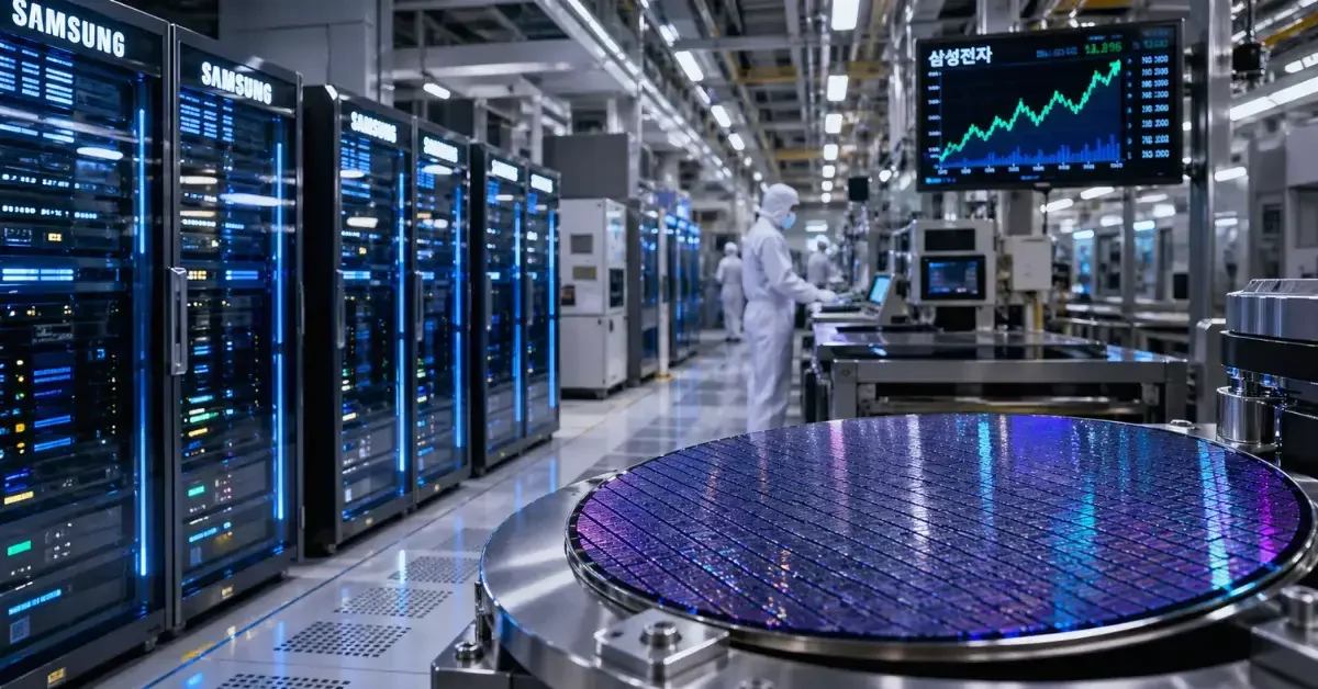 A brightly lit modern semiconductor cleanroom featuring advanced silicon wafers and glowing blue server racks.