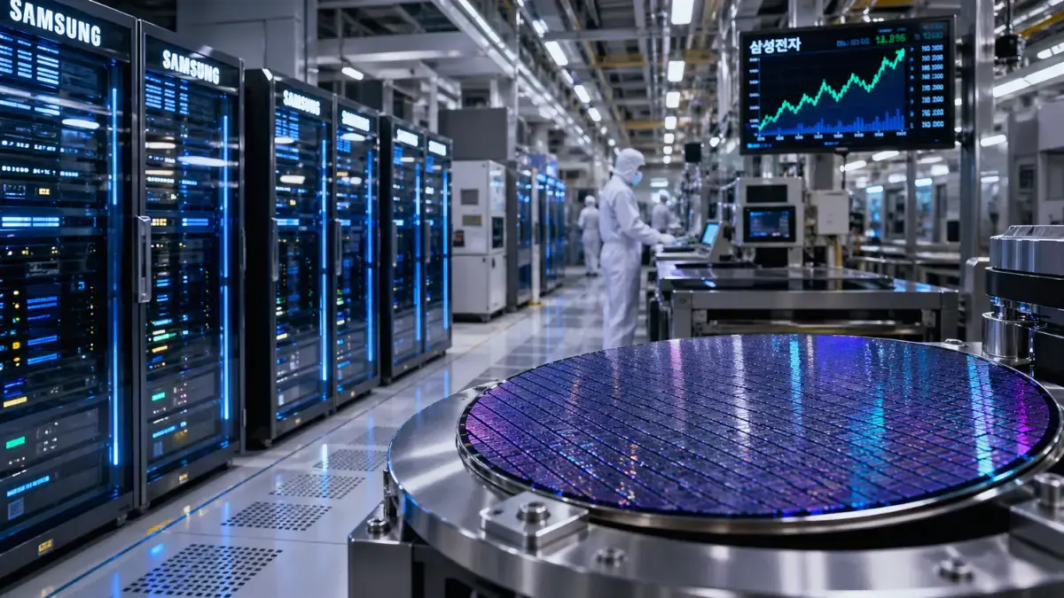 A brightly lit modern semiconductor cleanroom featuring advanced silicon wafers and glowing blue server racks.