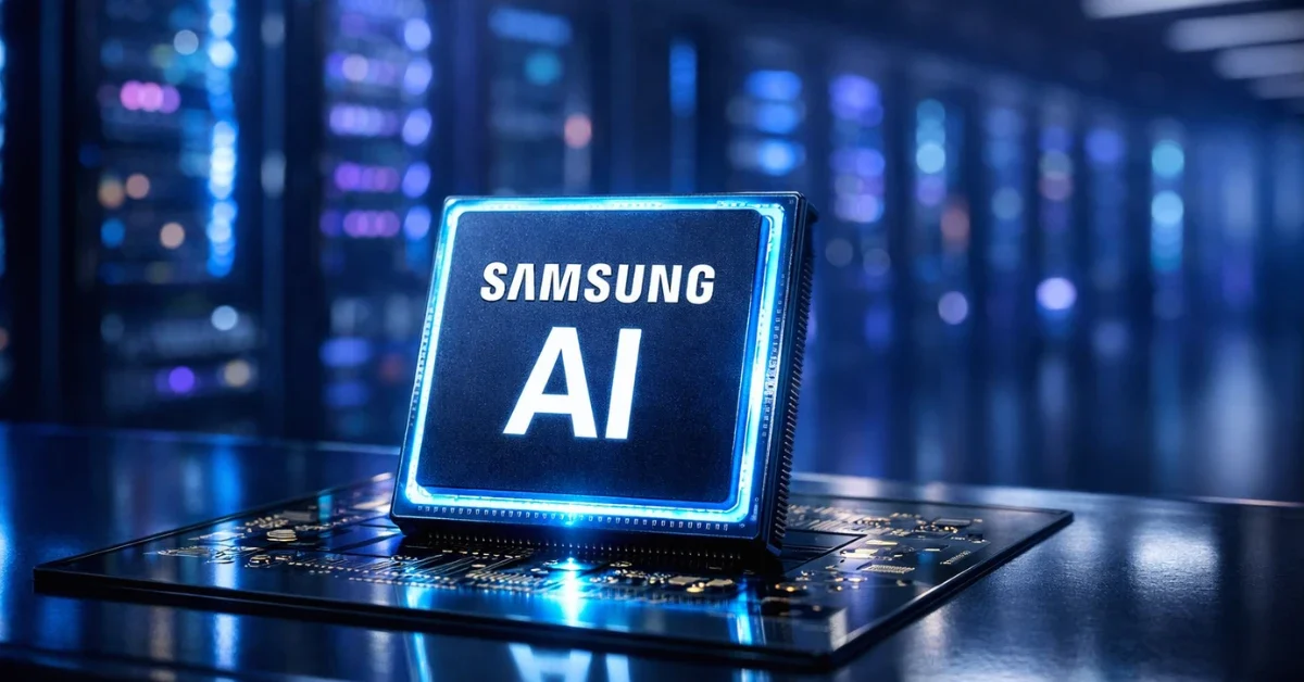 A glowing Samsung semiconductor microchip on a sleek glass surface inside a modern artificial intelligence data center.