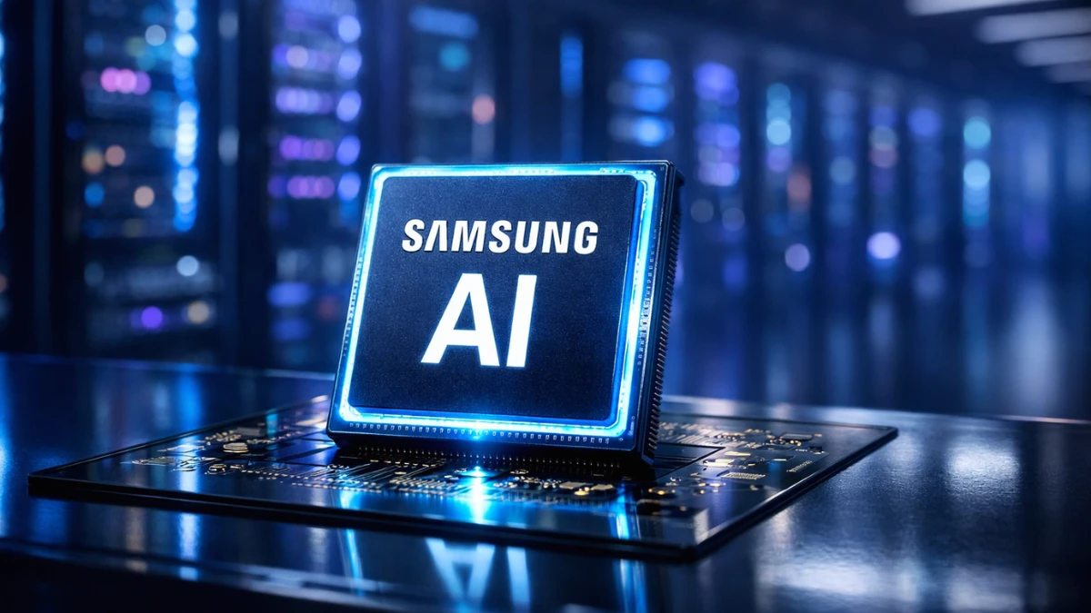 A glowing Samsung semiconductor microchip on a sleek glass surface inside a modern artificial intelligence data center.